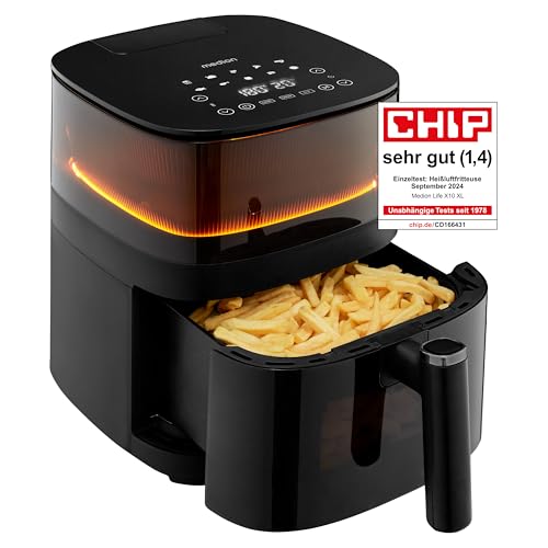 MEDION X10 XL Heißluftfritteuse MD11780 (5 Liter, Airfryer, innovative Wassersprühfunktion für krosse knusprige Speisen, 1.500 Watt, Sichtfenster, Schüttel Alarm,10 Automatikprogramme)