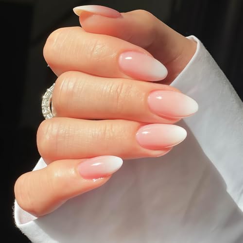 24 Stück Press on Nails Almond - Rosa Farbverlauf Künstliche Nägel Mittel - Full Cover Falsche Nägel - Nude Gradient White Fingernägel Zum Aufkleben Für Frauen & Mädchen (Pink White Ombre)