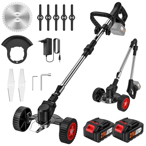 Rasentrimmer mit Akku 21V (2 Akkus inkl.), 650W Elektro Freischneider Akku, Teleskopstiel 90-135cm, 90° Verstellbarer Kopf, Unkraut entferner gerät mit 8 Klingen für Garten, Rasen & Hof