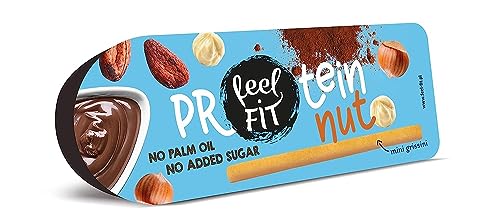 Feel FIT Protein nut & mini grissini, leckeren Haselnuss-Kakao-Creme und 7 knusprigen Brotsticks, Protein-Snack ohne Zuckerzusatz und ohne Palmöl 25 g