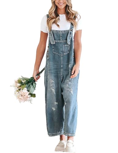 Vanchenl Damen Vintage Casual Denim Jean Overalls Lose Distressed Bib Latzhose Verstellbare Baggy Harem Romper Jumpsuit Hosen Dunkelblau L
