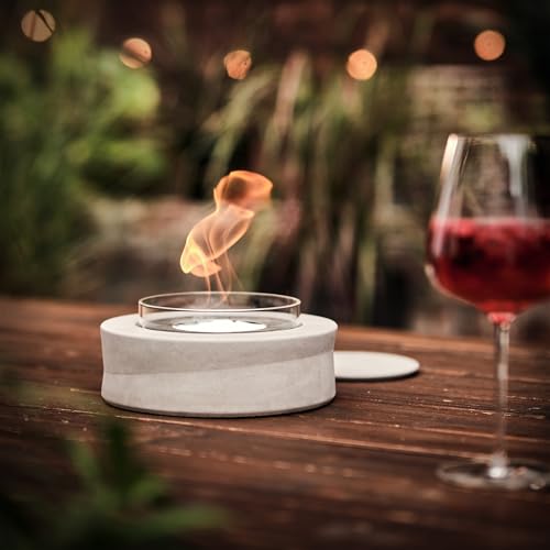 Ethanolfeuer der Beske-Manufaktur | Deutsches Handwerk | Tischkamin Bioethanol | feuerfester Glaszylinder für stimmungsvolles Feuer | außergewöhnliches Flammenbild (Modell ‚Koro‘ | Ø20 cm, Höhe 10 cm)