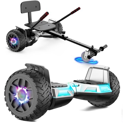 Hoverboard with Seat, All-Terrain Hoverboard with Hoverkart, 8.5 Inch Go-Kart with Self Balancing Scooter, Off-Road Hoverboards with Bluetooth Speaker, LED, Gift for Children