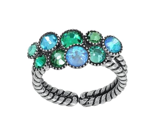 Konplott: Ring Water Cascade, moderner zweireihiger Kristallring mit runden Steinen, für Damen/Frauen (grün)