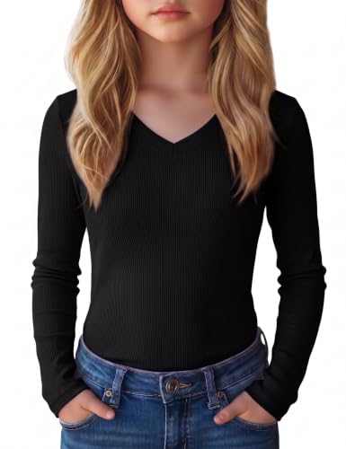 Demegimi Langarm T Shirt Mädchen V Ausschnitt Rippstrick Basic Top | Mädchen Pullover Langarmshirt Locker Gerippt Strickshirt Casual Basic Top Mehrfarbig Schule Alltag Frühling Herbst