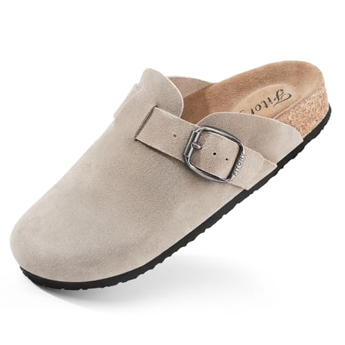 FITORY Damen Clogs Slip-on, Kartoffelleder, Mule, Spitze, Wildleder, Kork-Einlegesohle, Taupe, Größe 39