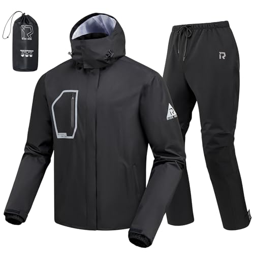 RIDEIRON Motorrad Regenkombi Herren 2-Teiler – Wasserdichte Motorrad Regenbekleidung 15000mm mit Reflektoren, Abnehmbarer Kapuze (DE/NL/SE/PL, Alphanumerisch, L, Regular, Regular, Schwarz)