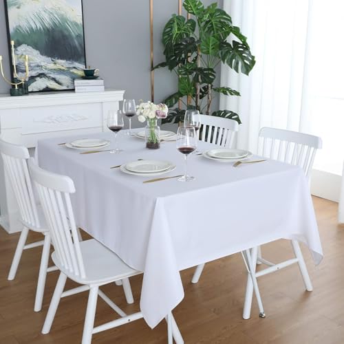 LivinEase Tischdecke 140 x 200 cm – Weiß Rechteckige Tischdecke aus Baumwollmischung 250 g/m² für 4- bis 6-Sitzer-Tisch – Elegante drapierte Tischtuch für den Weihnachtstisch