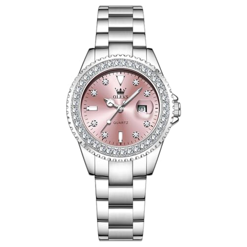 OLEVS Damenuhr, Klassische, formelle Diamant-Damenuhr für Frauen, analoges Quarzwerk, Edelstahl, wasserdicht, leuchtendes Datum, zweifarbig, leicht zu lesen