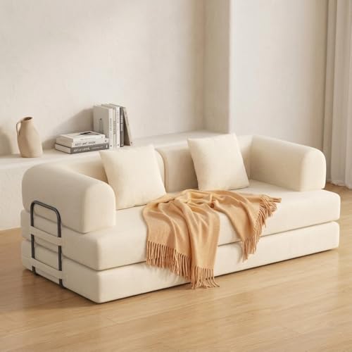 Xbro Schlafsofa 200 cm, 5-in-1 Bodensofa klappbar, Sofa Bett ohne Gestell mit Armlehnen & 2 Kissen, Cord Stoff, wandelbares Klappsofa für Wohnzimmer Schlafzimmer Gästezimmer, 200x100x61 cm, Beige
