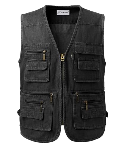 KTWOLEN Herren Kutte Jeansweste Freizeit Bikerweste Multi-Taschen Ärmellos Motorradweste Denim Weste, Schwarz, XL