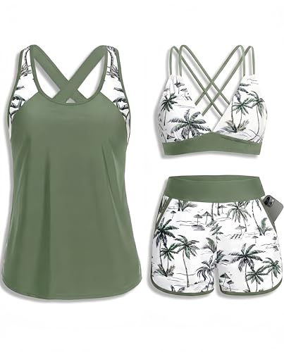 Daci 3-teiliger Tankini-Badeanzug für Damen, Bauchweg-Tanktop mit BH, bescheidener Badeanzug mit Taschen, Boyshorts, Unterteil 2026, Grüne Palme, Large