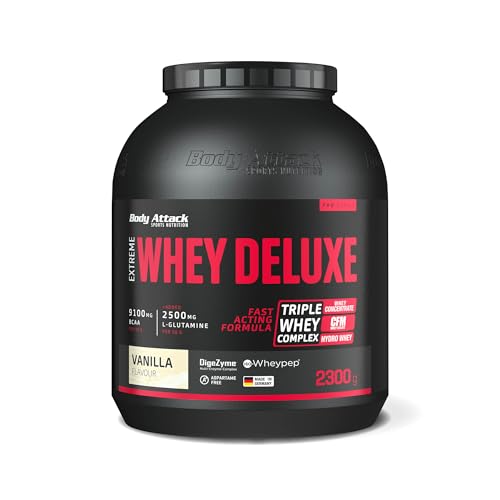 Body Attack Extreme Whey Deluxe Vanilla Cream, 2,3 kg - Made in Germany - Eiweißpulver mit Aminosäuren, Triple-Whey-Complex, CFM Isolate, perfekt lösliches Protein-Pulver, fettarm, zuckerarm
