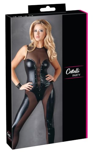 Cottelli Collection Overall Wetlook - verführerischer Overall für Frauen, erotischer Catsuit im glänzendem Wetlook, Zipper im Schritt, schwarz