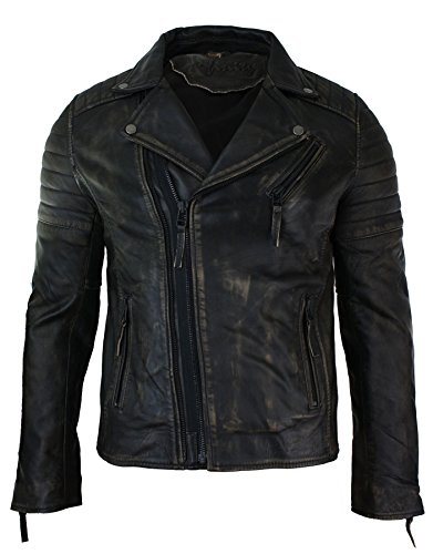 Herren Lederjacke 100% Echtleder Schwarz Brando Retro Vintage Design
