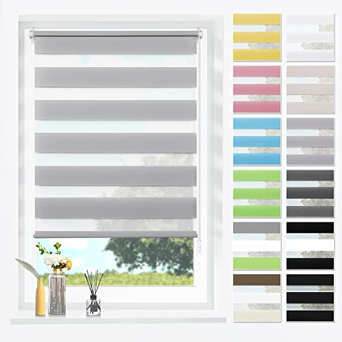 SBARTAR Doppelrollo Klemmfix ohne Bohren & mit Bohren Grau B45 x H150 cm (Stoffbreite 45 cm), Duo Rollo lichtdurchlässig Fensterrollo für innen verdunkelnd, ZeBrarollo für Fenster und Tür