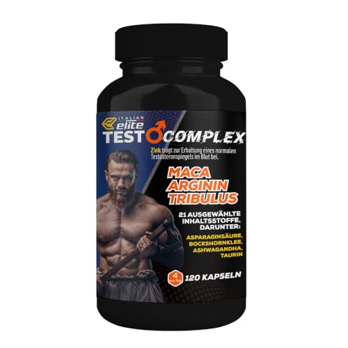 Italian Elite - Testo Complex 120 Kapseln mit Maca 8000 mg. Nahrungsergänzungsmittel mit Tribulus, Bockshornklee, Zink, Arginin, Ashwagandha, Vitaminen und Mineralstoffen