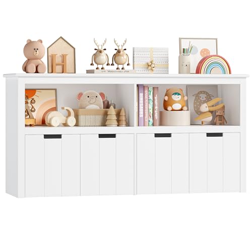 FOREHILL Kinderregal mit Boxen auf Rollen, Spielzeug Aufbewahrung Kinderzimmer Möbel, Spielzeugregal, Kinderschrank, Regal weiß mit 4 Boxen, Aufbewahrungsbox für Kinder 120 x 61,5 x 33cm weiß
