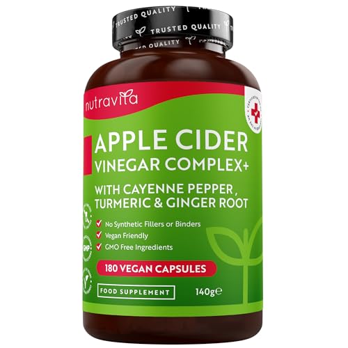 Nutravita Apfelessig-Kapseln - 180 vegane Kapseln mit rohem ungefiltertem Apfelessig mit Zusatz von Cayenne-Pfeffer, Kurkuma und Ingwer - 1033 mg Tagesdosis
