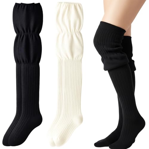 ZocRjvN 2 Paar Overknee Strümpfe Damen, Thigh High Socks für Frauen, Warme Kniestrümpfe für Winter,Strick Overknees Strümpfe Weiß und Schwarz, Fashion Overknees zum Kombinieren mit Jeans