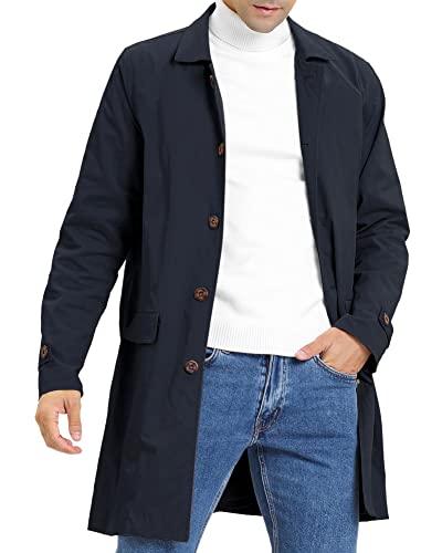 Feziakuk Herren Trenchcoat Einreihig Lang Mantel Leichter Revers Herbst Winter Jacke Übergangsjacke, Dunkelblau XXL