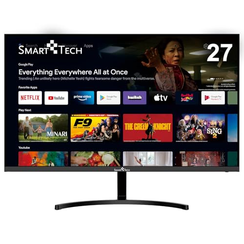 Smart Tech Smart Monitor 27 Zoll, FHD Monitor Android, Eingebaute Lautsprechers, Bluetooth, WiFi, Sprachgesteuerte Fernbedienung, HDMI, USB, Neigung Verstellbar