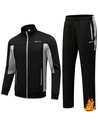 TBMPOY Herren-Trainingsanzüge mit Fleece-Futter, 2-teiliges Set, Winter, Jogging, Sweat-Anzüge, Thermo-Casual-Outfits, Schwarz/Hellgrau, Medium