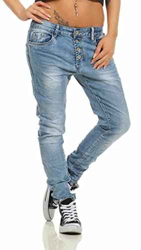 10118 fashion4young Knackige Damen Jeans Röhrenjeans Hose Boyfriend Style Damenjeans Streetstyle, Blau-, XL
