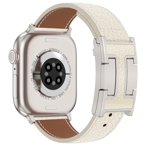 CHANCHY Lederarmband für Apple Watch armband 42mm(Series 10 11) 41mm 40mm 38mm,Ersatzarmband aus echtem Leder für iWatch SE 3 2 1/Series 11 10 9 8 7 6 5 4 3 2 1,Beige+Polarstern Schnalle