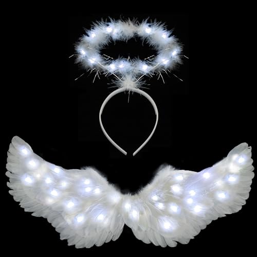 Ptesuply Engelsflügel, beleuchtete Engelsflügel und Heiligenschein mit LED-Lichtern – 3 Leuchtmodi, weißer Engel, Halloween, Kostüm, Weihnachten, Cosplay, Party (kühles weiß-mittel)