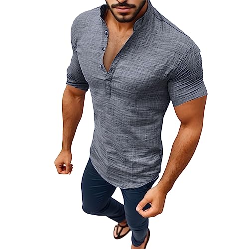 2026 Lockeres Hemd Mit Bluse Lässige T-Davon Kurze Leinen Toben Für Männer(Grey,XXL)