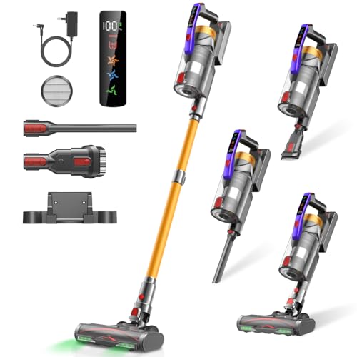 Infaebo Akku Staubsauger, 48000Pa/550W/65Mins Kabelloser Staubsauger mit LED Display und Anti Tangle Bürste, 1.8L akkustaubsauger, Vacuum Cleaner für Tierhaare/Teppiche/Hartböden/Auto, Gold