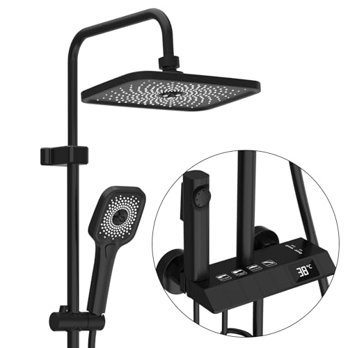 LADOKEE Duschsystem mit Armatur, 4 in 1 Duschset mit Regendusche 30x20cm, 3-Wassermodi-Handbrause, Intelligentes Bedienfeld, Höhenverstellbar, Duscharmatur Komplettset für Badezimmer, Schwarz