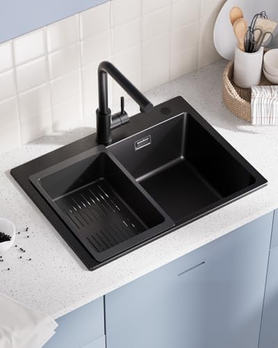 Sofetiy Spülbecken Schwarz Granit 60x45cm, Spüle Schwarz, Waschbecken Küche, Große Küchenspüle Granit, Moderne Einbauspüle Rechteckig, Einzelbecken mit 2 HahnLöcher, Kitchen Sink, 1 Becken