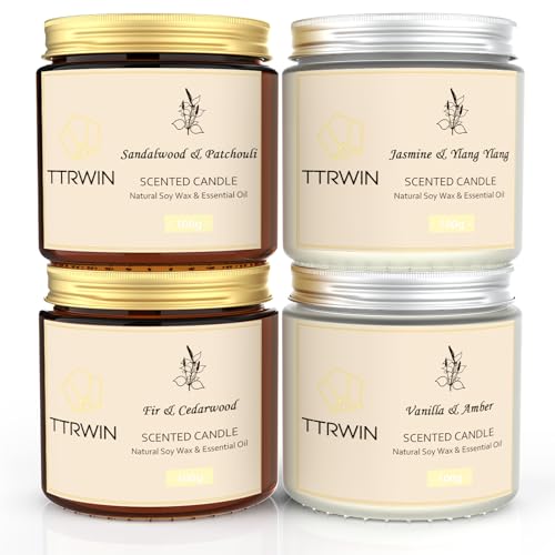 TTRWIN Duftkerze im Glas, 4 Dosen Duftkerze Sojawachs Lange Brenndauer, Geschenke für Frauen, Jasmin/Ylang Ylang, Sandelholz/Patchouli, Tannen/Zedernholz, Vanille/Amber, Weihnachtsgeschenke