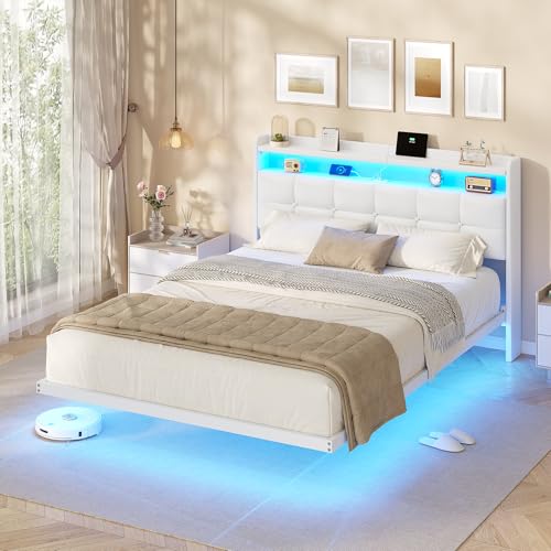 AOGLLATI Polsterbett 140x200 cm, Bett 140 x 200 mit LED-Beleuchtung und Ladestation, Bettgestell mit Kopfteil, Doppelbettgestell Schwebebettrahmen, Metallbett, Pu, Modern, Weiß (ohne Matratze)