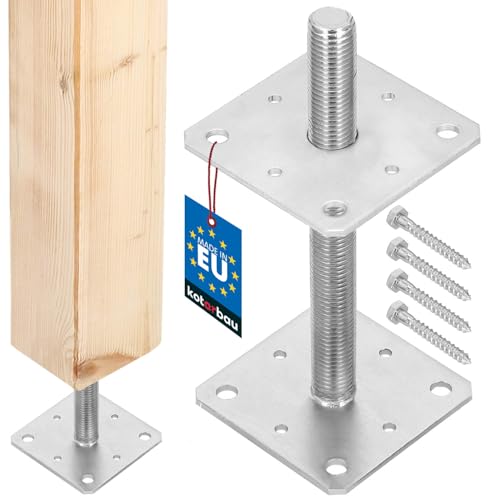 KOTARBAU® Pfostenträger Höhenverstellbar 110 mm x 110 mm x 250 mm Gewinde M24 mm Verzinkt Stützenfuß Pfostenträger Zum Aufschrauben Betonfuß Regulierbar Stützpfosten Höhenverstellbar