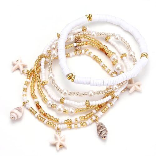 Morfetto 6 Stück Fußkettchen für Damen Kugeln Fußkettchen Elastisch Boho Fussketten für Frauen Wasserfest Muscheln Accessoires Ästhetik Barfußschuhe Strand Sommer Schmuck Set Geschenke Weiß – Muschel