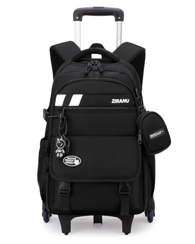 Tanou Trolley Rucksack für Jungen, 28L Schulranzen mit Rollen Schulrucksack Teenager, Abnehmbar Schultasche Trolley Jungen Herren mit Geldbörse und Anhänger, 6 Räder, Schwarz