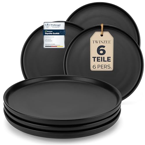 Steingut Essteller Set für 6 Personen - 6-teiliges Set in Matt-Schwarz, Große Teller, Mikrowellengeeignet, Stylisches Design - Twinzee Ebony Collection