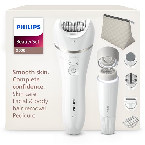 Philips Beauty Set Series 9000 - All-In-One für Körper, Gesicht und Füße, kabelloser Epilierer, nass und trocken, mit 6 Zubehörteilen, Modell BRE770/92