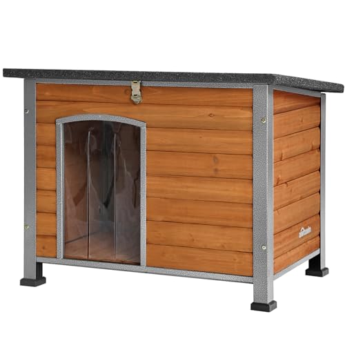 Aivituvin Hundehaus Indoor Outdoor Holz Hundekennel für den Winter, wetterfest, geeignet für kleine, mittlere und große Hunde, einzigartiges Ganzumfassung Stahlrahmen (Braun, L)