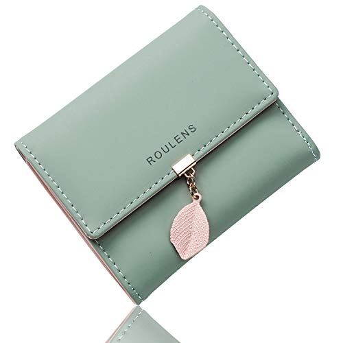 Roulens Geldbörse für Damen, Geldbörse aus Kunstleder mit RFID-Blockierung, Geldbörse mit Druckknöpfen in Blattform, A/Vert-s, Klein, Exquisit