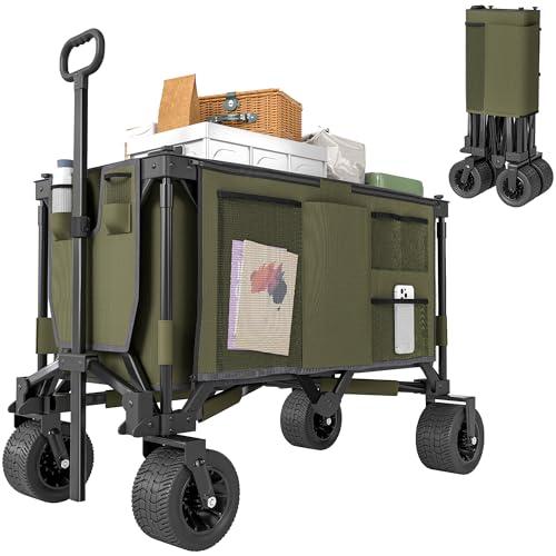 Outsunny Bollerwagen Faltbarer Transportwagen, Handwagen mit Verstellbarem Griff, Gartenwagen mit Breiten Drehrädern, Strandwagen mit Taschen, bis 120 kg Belastbar, Grün