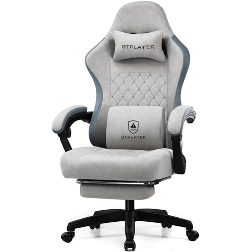 GTPLAYER Gaming Stuhl Ergonomischer Gaming Sessel Schreibtischstuhl mit Stoffoberfläche, Federsitzkissen, Verbindungsarmlehnen und Fußstütze 150KG, Grau