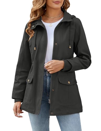 Vancavoo Übergangsjacke Damen Jacke Outdoor Kurzmantel Frühjahr Elegant Frühjahrsjacke Leichte Gefütterte Winterjacke Baumwolle Parka mit Kapuze mit Kordelzug für Frühling Sommer Herbst,Grau,XL