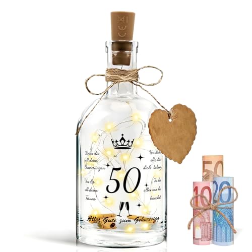Led Flaschenlicht mit Spruch, Beleuchtete Flaschen, Geschenk 50 Geburtstag Mann und Frau, Geldgeschenke Geburtstag, Led Flaschenlicht 50. Geburtstag mit Korken, Flaschenpost, Geschenk für Weihnachten