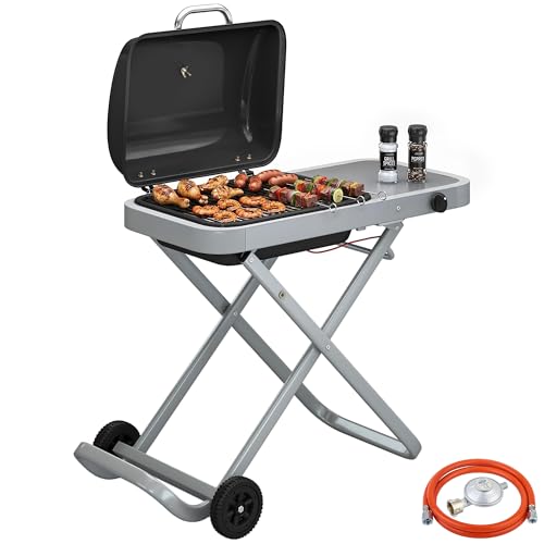 Outsunny Tragbarer Gasgrill 1 Brenner 2,5kW Grillwagen mit Faltbarem Rollwagen Grillrost Seitentisch Deckel Thermometer Fettauffangschale Tischgrill Outdoor Tischgasgrill für BBQ Camping Garten
