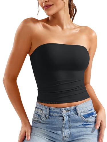 ZAAYO Schulterfrei Tube Top Damen Bandeau Top Y2K Slim Fit Crop Top Sexy Sommer Tops Doppelt Gefüttert Tank Top Schwarz S