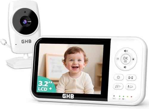 GHB Babyphone mit Kamera Baby Monitor 3,2 Zoll LCD 2100 mAh Akku 2X Zoom Temperatursensor Nachtsicht Gegensprechen Weiß